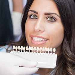Woman's smile compared with color shade chart
